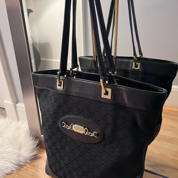 Gucci GG Black Canvas Tote with Horsebit Gold Tone Detail - Picture 4 of 15